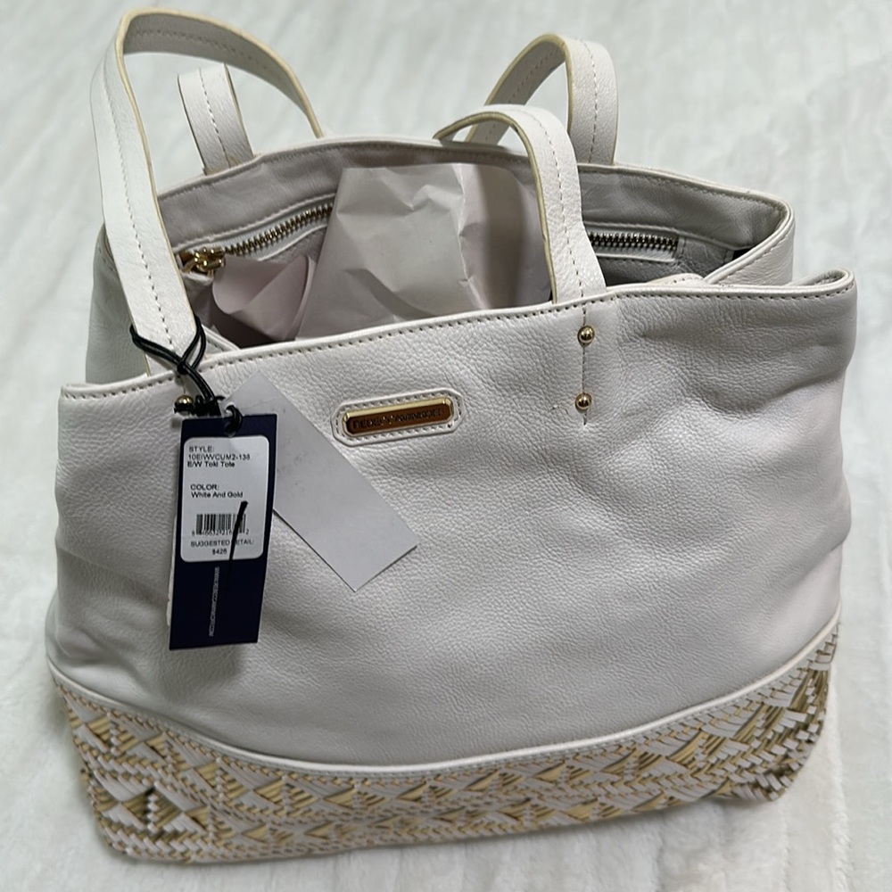 Rebecca Minkoff White and Gold Woven-Trim Leather Tote NWT